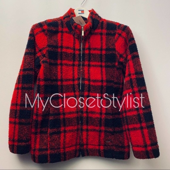 CALVIN KLEIN Sherpa Jacket Coat NWT XS Red Black Plaid New winter cozy cabincore - Picture 1 of 4